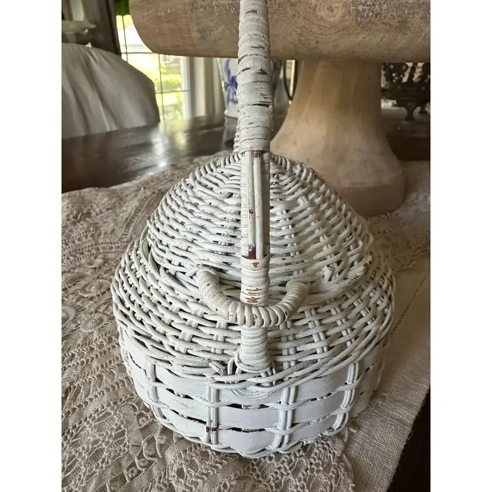 Vintage White Wicker Teapot Shape Basket Cottage Decor 6.5